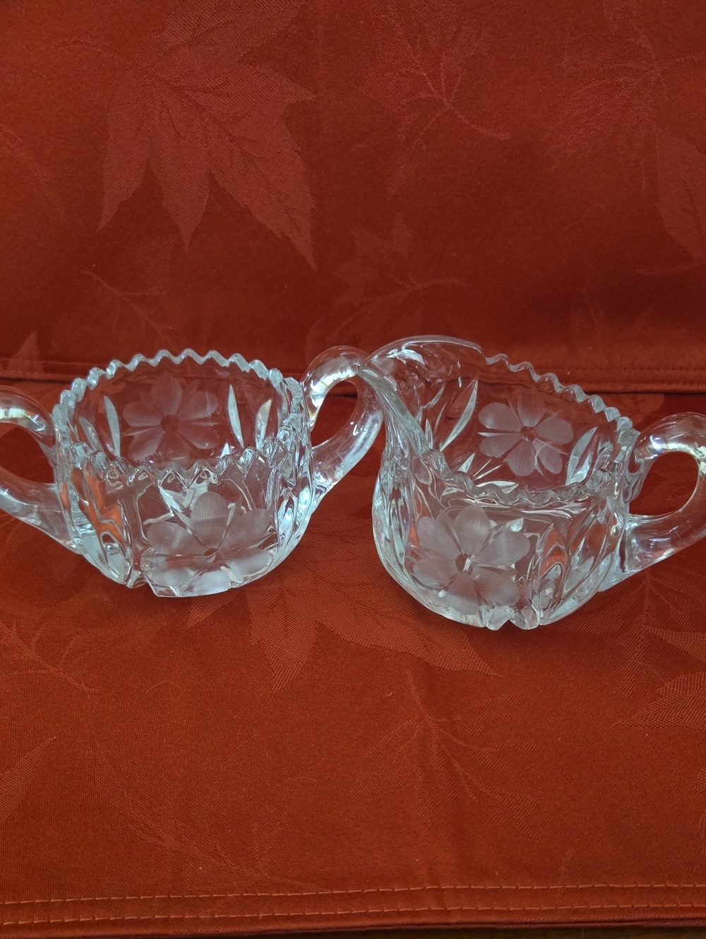 EAPG Etched Glass Creamer and Sugar Set With Sawtooth Edge And Daisy Pattern